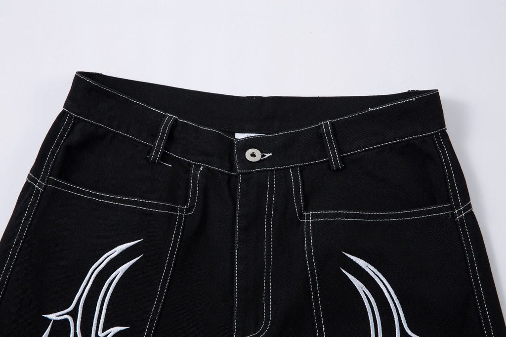 New Spring Flame Embroidery Raw Jeans